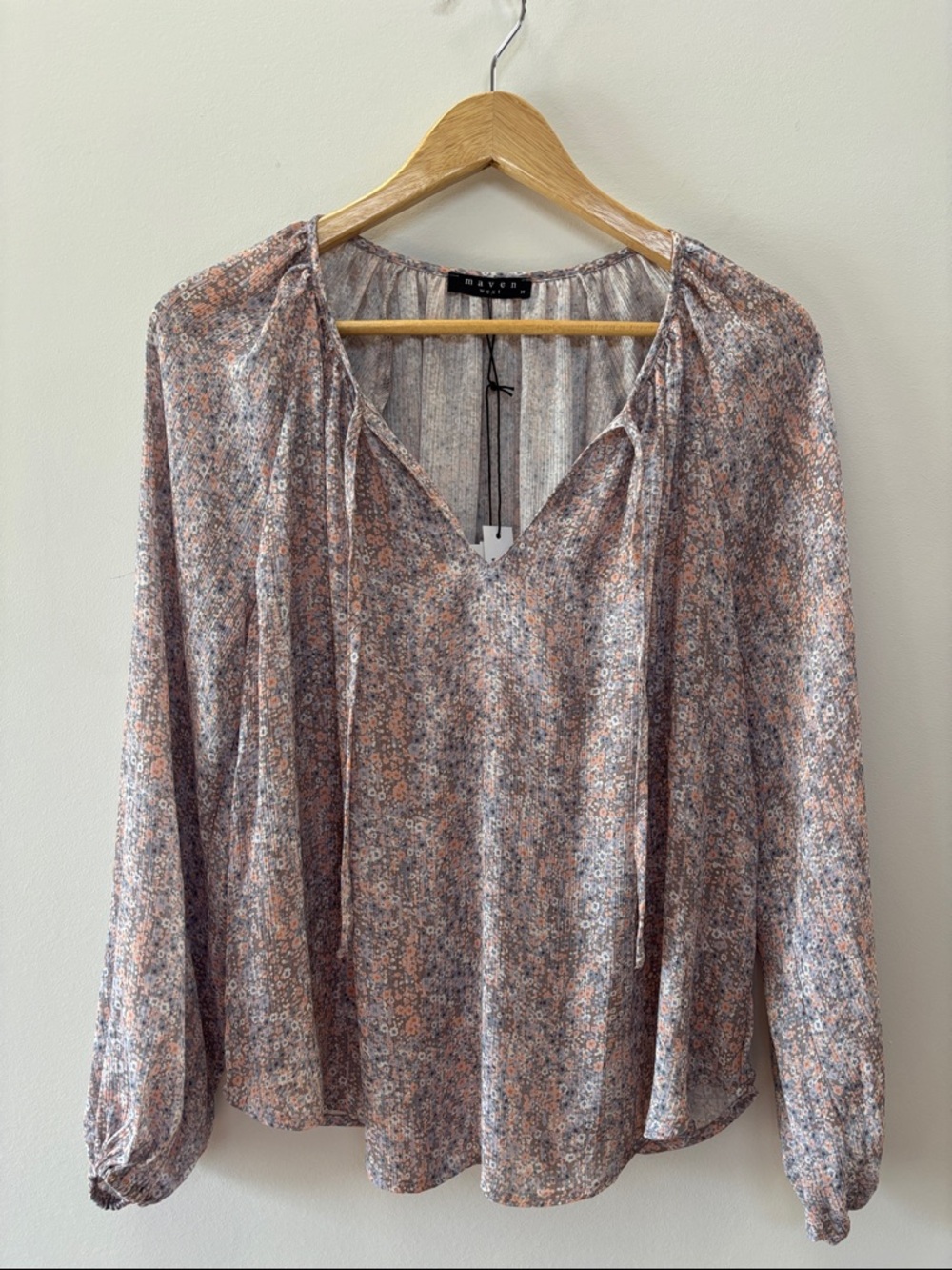 Maven West Floral Tie-Neck Blouse in Dusty Rose and Gray